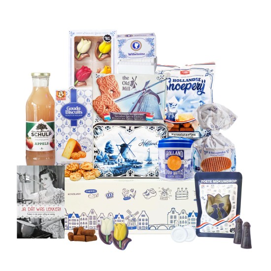 Cadeaupakket -  Holland nr 19 - Pakket met boek "Kookboek Ja, Dát Was Lekker" en diverse Hollandse lekkernijen