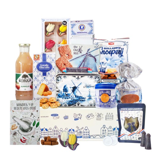 Cadeaupakket -  Holland nr 18 - Pakket met boek "Kookboek van Nederlands Indië" en diverse Hollandse lekkernijen