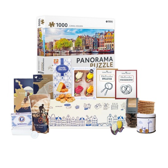 Holland Pakket 3 - Cadeaupakket - Kerstpakket - Geschenkpakket - Pakket met Amsterdam Grachtenhuis Puzzel en diverse Hollandse lekkernijen en cadeautjes