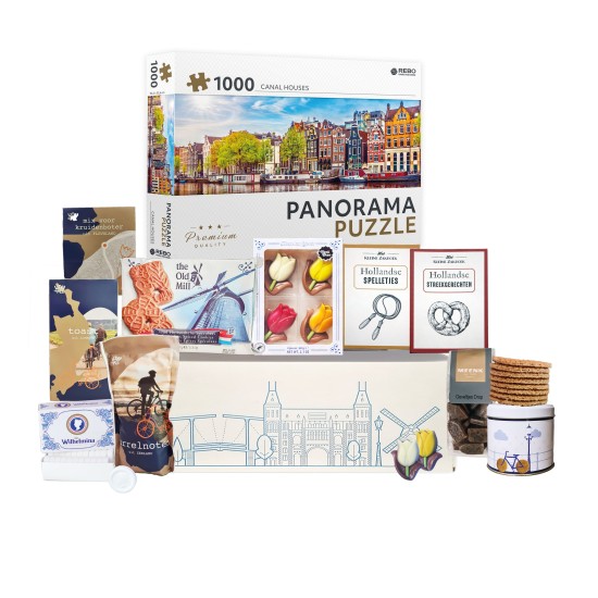 Holland Pakket 3 - Cadeaupakket - Kerstpakket - Geschenkpakket - Pakket met Amsterdam Grachtenhuis Puzzel en diverse Hollandse lekkernijen en cadeautjes