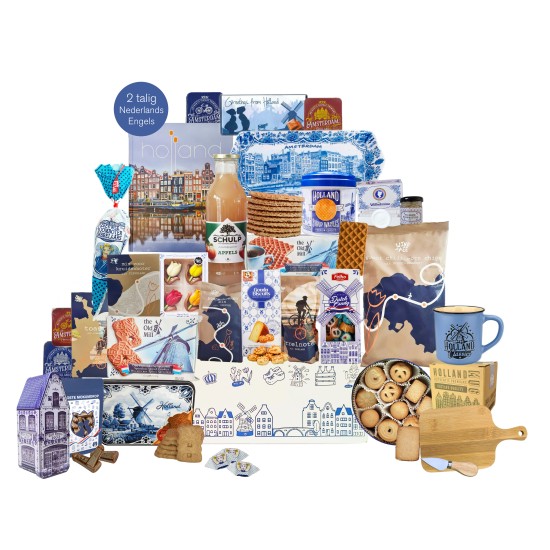 Holland cadeaupakket XXL nr 5 met 2 talig Holland boek | Hollandse cadeautjes | Pakket met diverse Hollandse lekkernijen